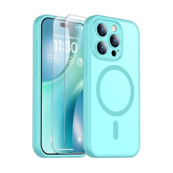 Eryueer for iPhone 15 Pro Max Case, Magnetic Translucent Matte Case with 2PCS Tempered Glass Screen Protector Slim Phone Case for iPhone 15 Pro Max 6.7'', Blue Green