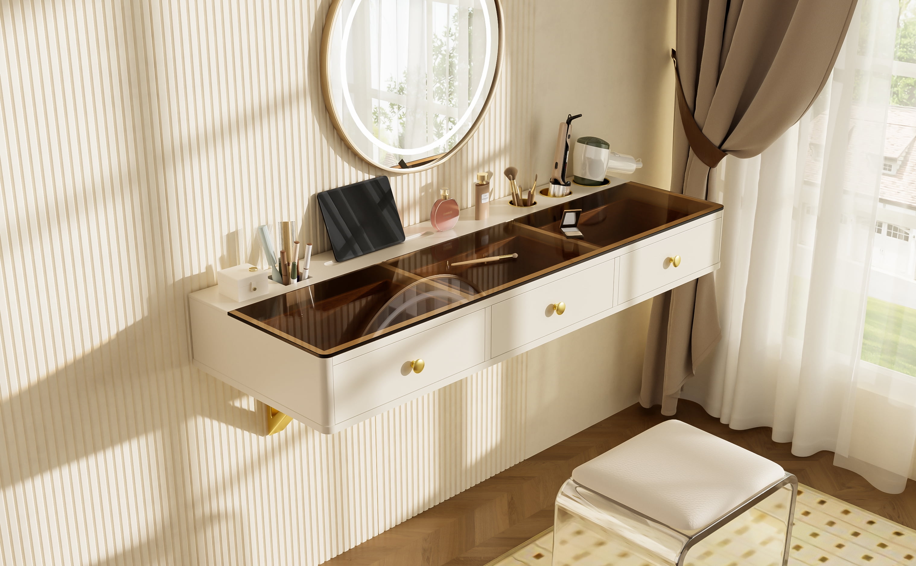 Euroco Wall-Mounted Multifunctional Vanity Table with Storage Drawers, Phone Holder & Black Glass Finish, Space-Saving Makeup Desk