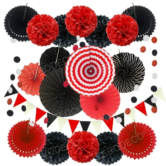 Zerodeco Décoration de Fête 21 Pcs Éventails en Papier Suspendus Noirs et Rouges Pompons Fleurs Guirlandes Guirlande à Pois et Triangles Fanions pour Fêtes d'Anniversaire Minnie Mouse Baby Showers Mariage