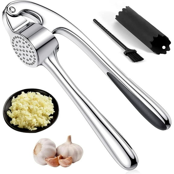 Garlic Press and Peel Set, Heavy Duty Mincer Tool, Easily Mince and Crush Garlics, Ginger, Nuts, Seeds, Large Ergonomic Handle, Peeler Included for Peeling Cloves, Kitchen Gadgets, Sliver