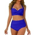 thumbnail image 1 of Women's V Neck Padded High Waisted Bikini Set - Front Full Coverage Ruched Two Piece Swimsuit - Adjustable Straps Bathing Suit, 1 of 5