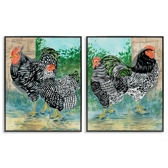 Stupell Industries Rooster and Hen Foraging Animals Painting Black Framed Art Print Wall Art, 11 x 14, Set of 2
