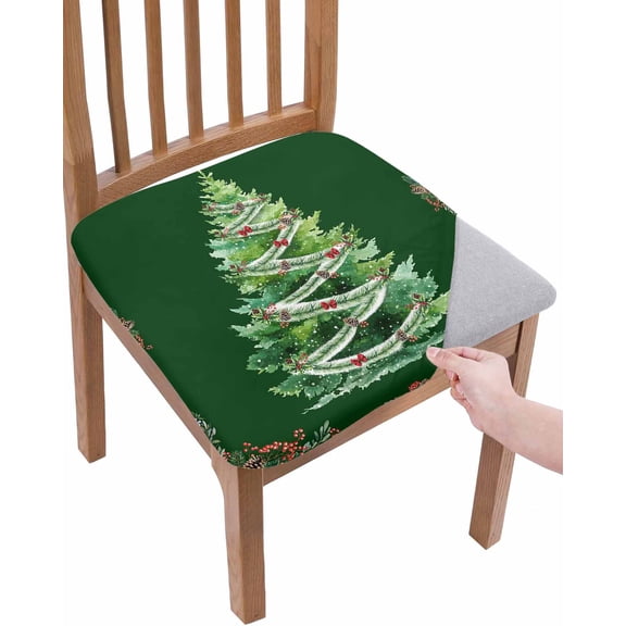 Green Christmas Tree Chair Seat Covers for Dining Room Stretch Chair Seat Covers Set of 6, Snowflake Xmas Botanical Berry Chair Seat Protector Cushion Slipcovers for Kitchen Restaurant Office