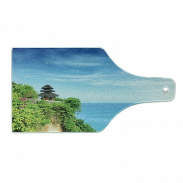 Balinese Cutting Board, Uluwatu Building Bali Indonesia Seacoast Cliff Horizon Summer Seascape Nature, Tempered Glass Cutting and Serving Board, Wine Bottle Shape, Green and Blue, by Ambesonne