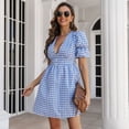thumbnail image 2 of Vestido a cuadros Cuello en V profundo Manga corta abullonada Una línea Vestido casual de moda para mujer Cuadros azules S, 2 of 8