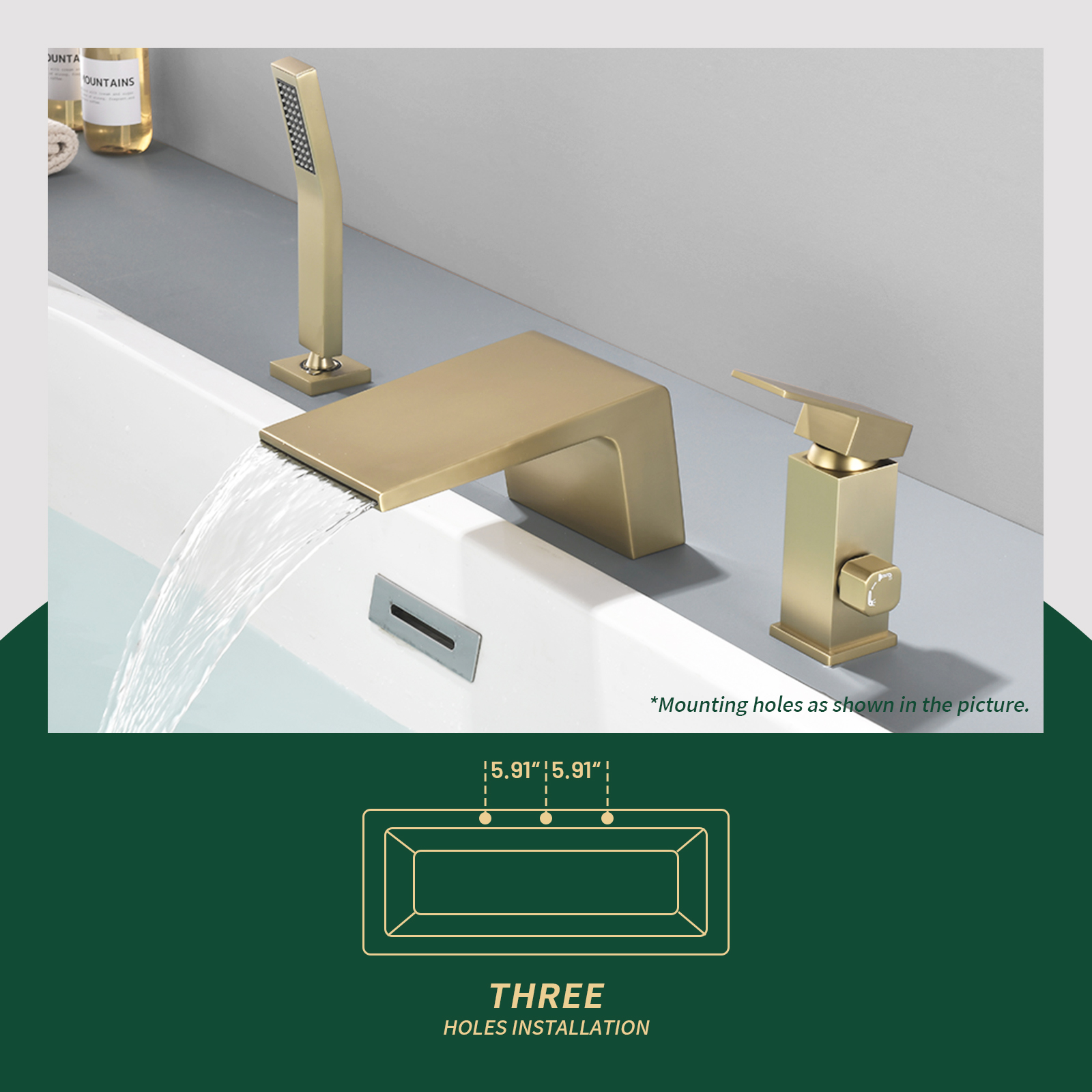 Cobbe Single Handle Bathroom Bathtub Faucet with 3.5-Inch Wide Waterfall Spout and Handheld Shower 3-Hole Deck Mount  Brushed Gold