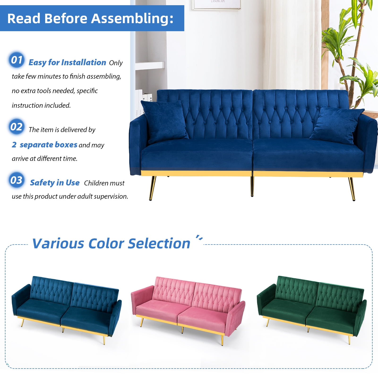 ACMEASE 70” Velvet Futon Sofa Bed with Adjustable Armrests and 2 Pillows, Convertible Futon Couch, Blue