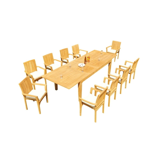 Grade-A Teak Dining Set: 10 Seater 11 Pc: 122" Caranas Rectangle Table And 10 Lua Stacking Arm Chairs Outdoor Patio WholesaleTeak #51LU2911
