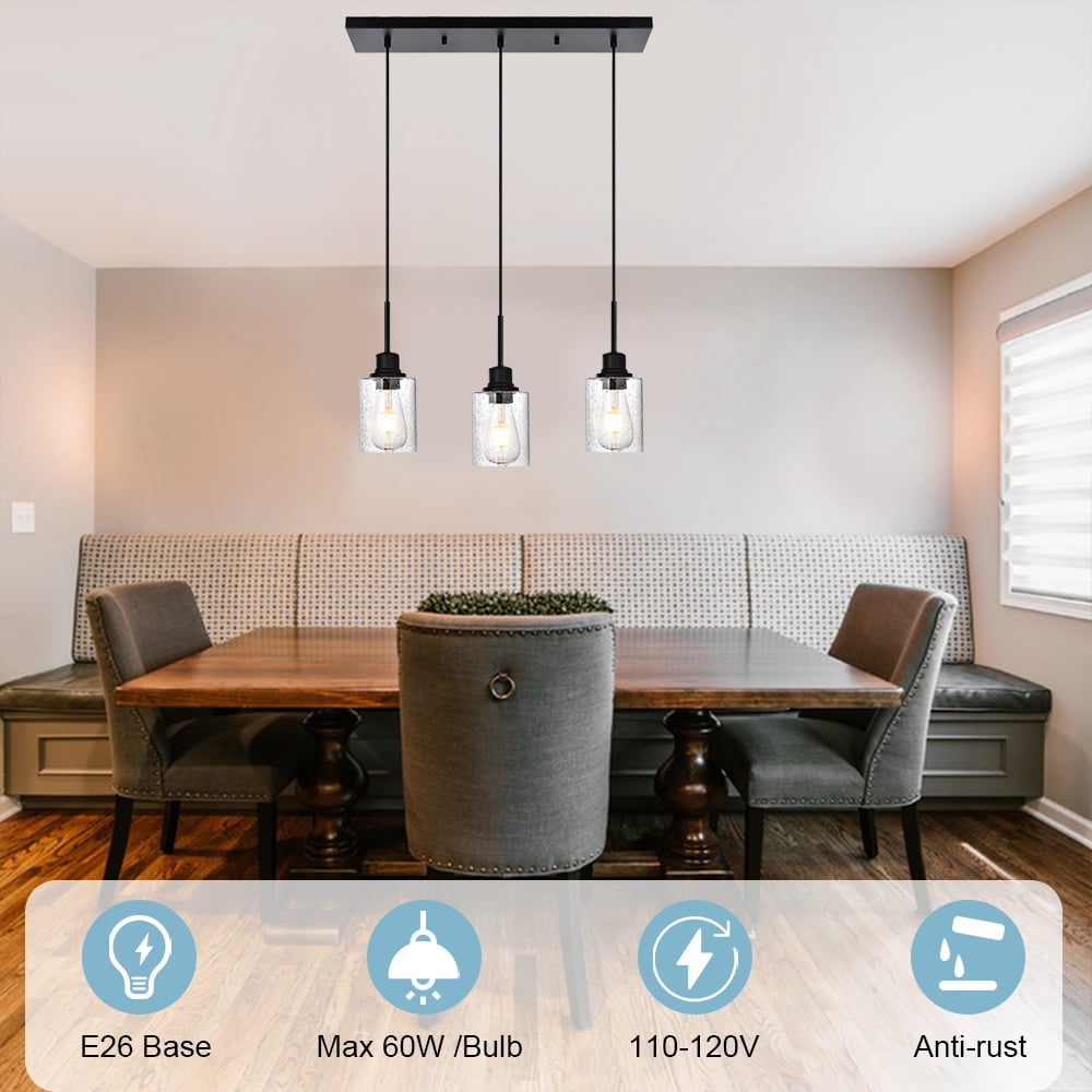 Melucee Farmhouse Dining Room Chandelier 3-Lights Black Kitchen Island Light, Clear Glass Pendant Lighting Fixtures