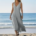 thumbnail image 3 of Women's Summer Linen Sleeveless V Neck Midi Maxi Dress Casual Pleated Tiered Flowy Beach Vacation Long Dresses Sundress, 3 of 6