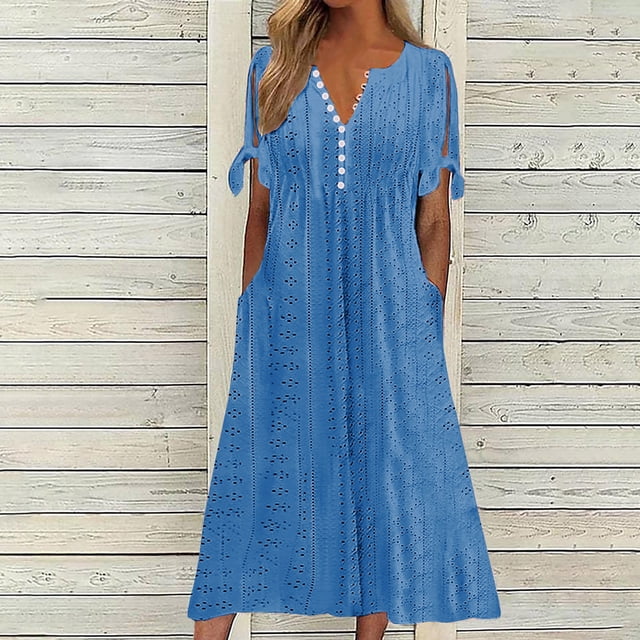 Robes pour Femmes 2024 Été Ample Décontractée Col en V Manches Courtes Bouton Longue Robe 50 % de Réduction!