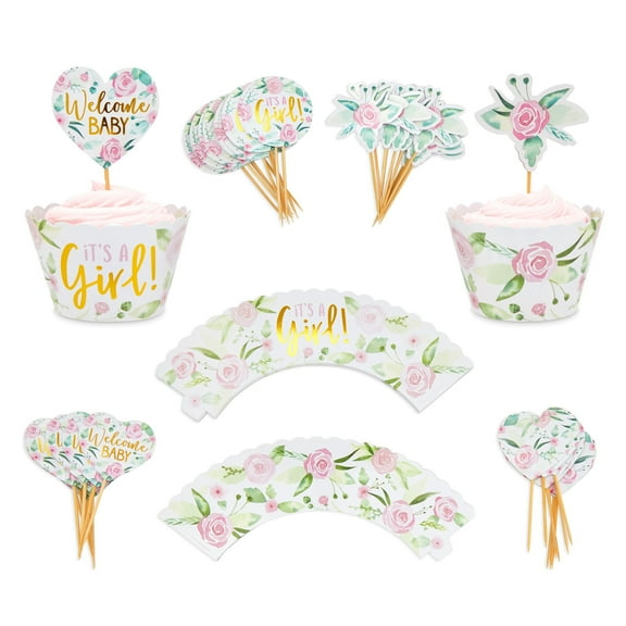 48 Pack It's a Girl Cupcake Wrappers and 48 Toppers for Baby Shower, Gender Reveal