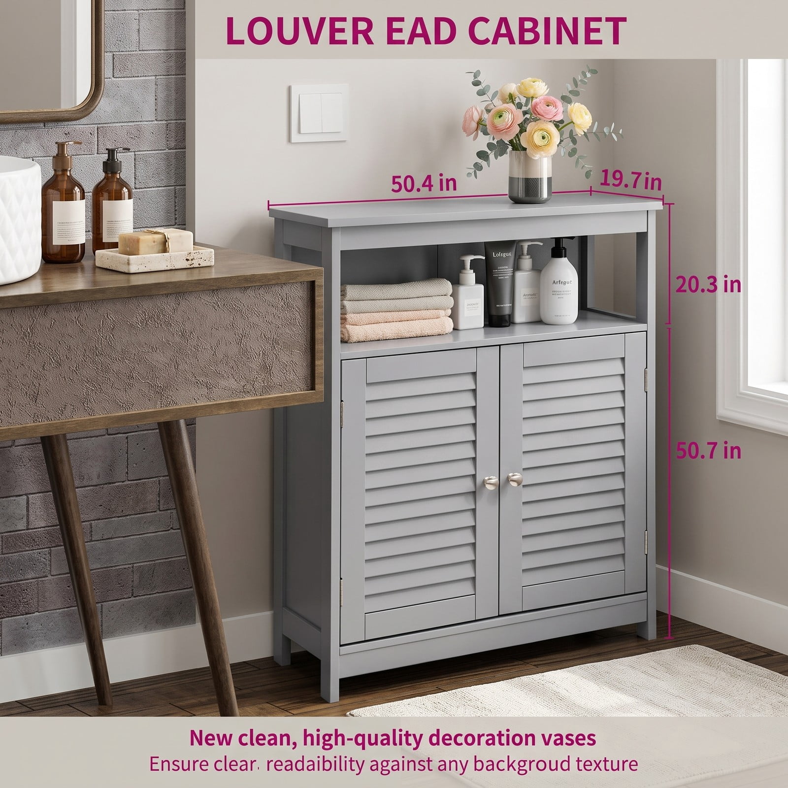 Fenbeli Wood Freestanding Bathroom Storage Cabinet with Double Shutter Doors, Adjustable Shelf, Anti-Tipping Floor Organizer for Bathroom Living Room Bedroom, Gray