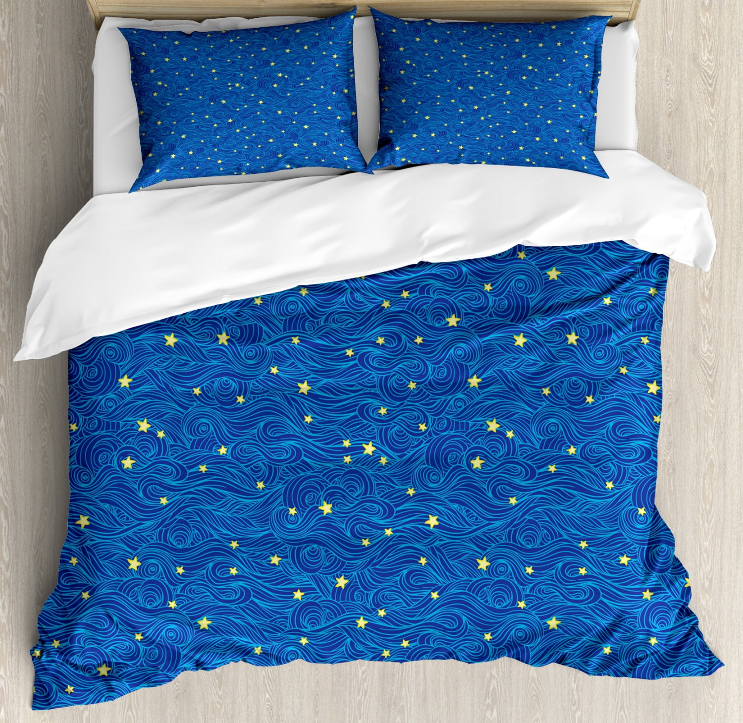 Starry Night Duvet Cover Set Queen Size Stars And Clouds Pattern With Curves Galaxy Theme Heavenly Bodies Decorative 3 Piece Bedding Set With 2 Pillow Shams Blue Yellow Dark Blue By Ambesonne