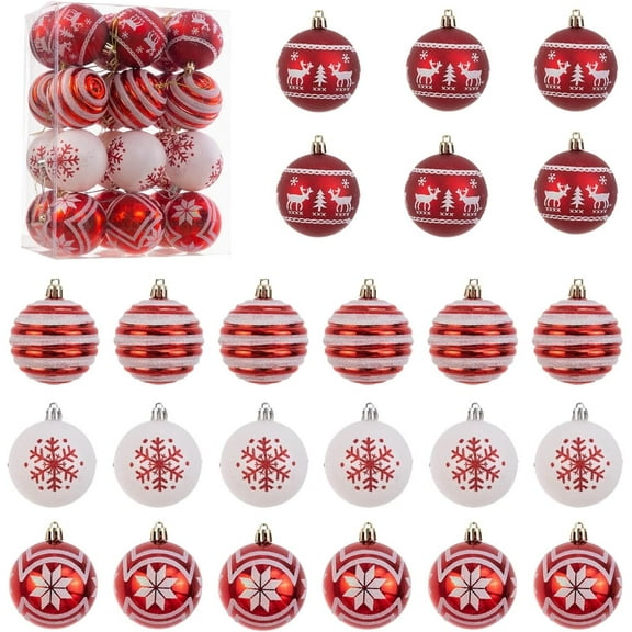 24Pcs 60mm Traditional Red and White Christmas Ornaments, Shatterproof Xmas for Christmas Tree Decoration
