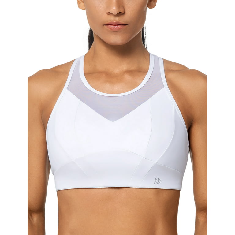 Yvette High Neck Supportive Sports Bra High Impact - No Bounce Soft  Moisture Wicking for Running Racerback Plus Size,White,M+ 