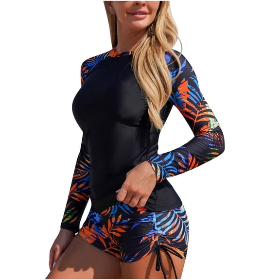 QSAWXQZ Women's 2 Piece Rash Guard Set Long Sleeve Swim Shirt with Boy Shorts Print Crew Neck Sun Protection Surfing Suit S