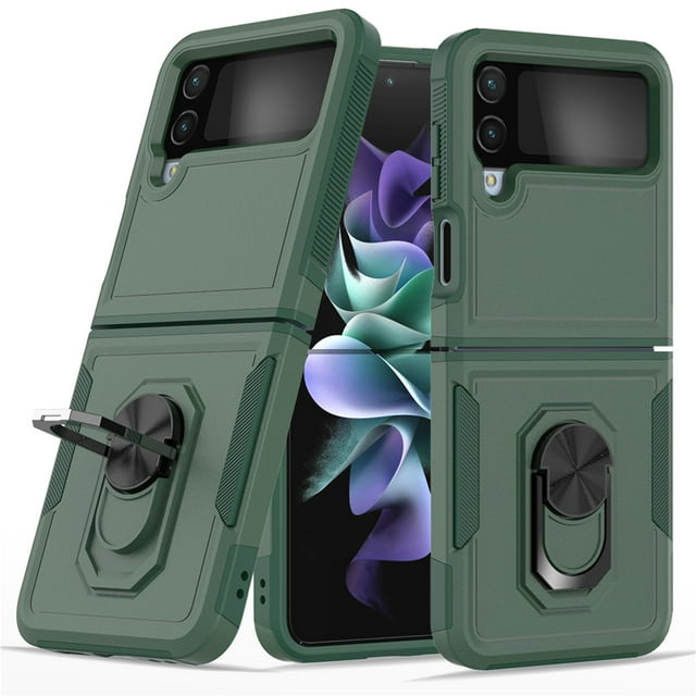 Heavy Duty Case for Samsung Galaxy Z Flip 4, Full Body Case with 360° Rotation Metal Ring Holder Kickstand Rugged Shockproof Anti-Scratch Case,Pink