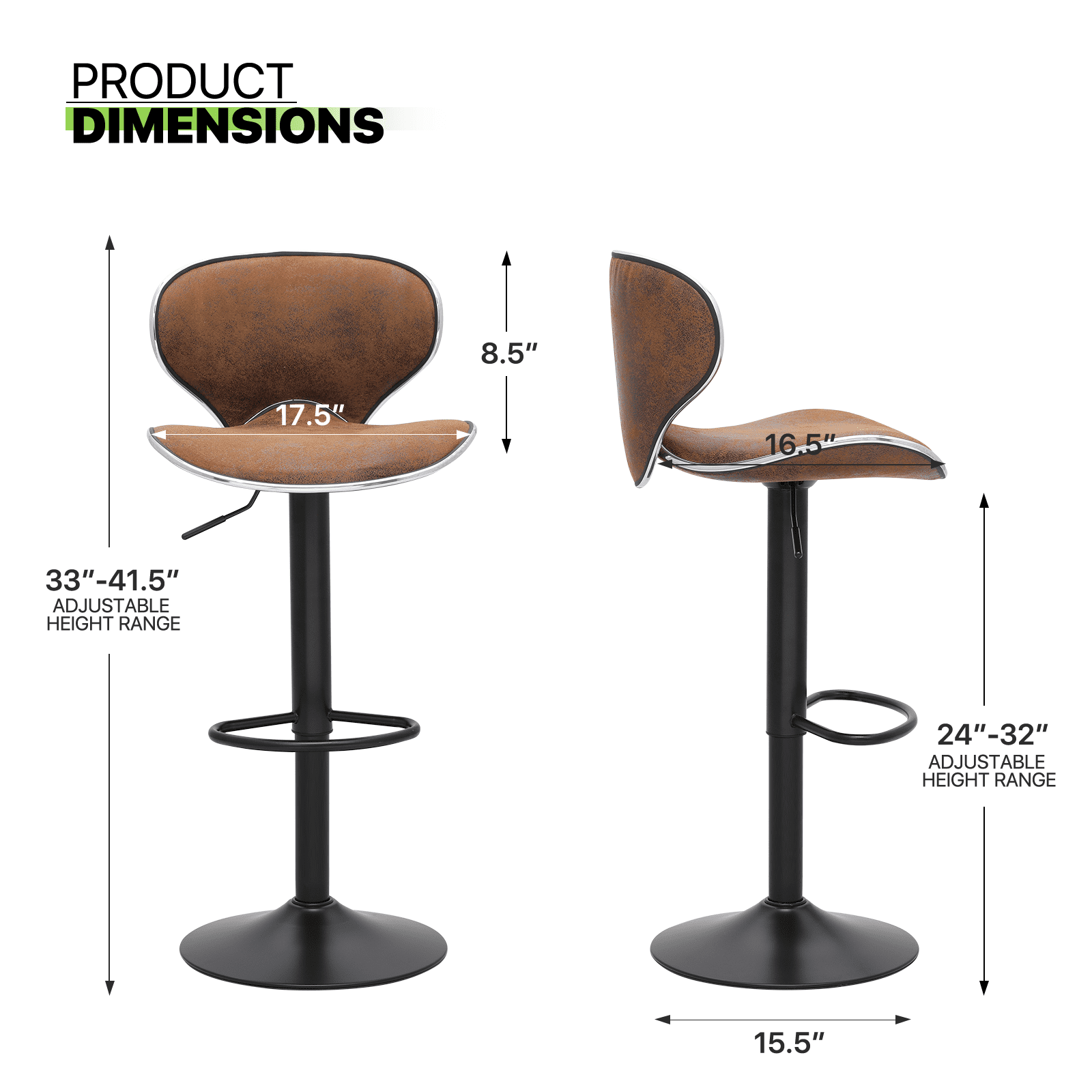 Magshion Bar Stools Set of 2, Adjustable Counter Height Swivel Bar Chairs Seat with Curved Back for Home Kitchen Bistro Pub, Leather Coffee