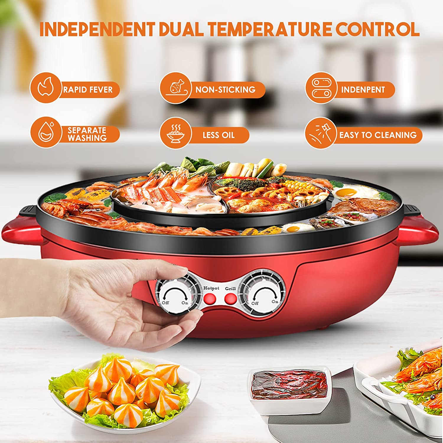 Multifunctional Electric Hot Pot Grill, Indoor Korean BBQ Grill/Self Heating  Hot Pot, Dual Temperature Control Korean Shabu, Non-stick Pan, Coating,Easy  Cleaning for 2-8 people, 2200W 110V 
