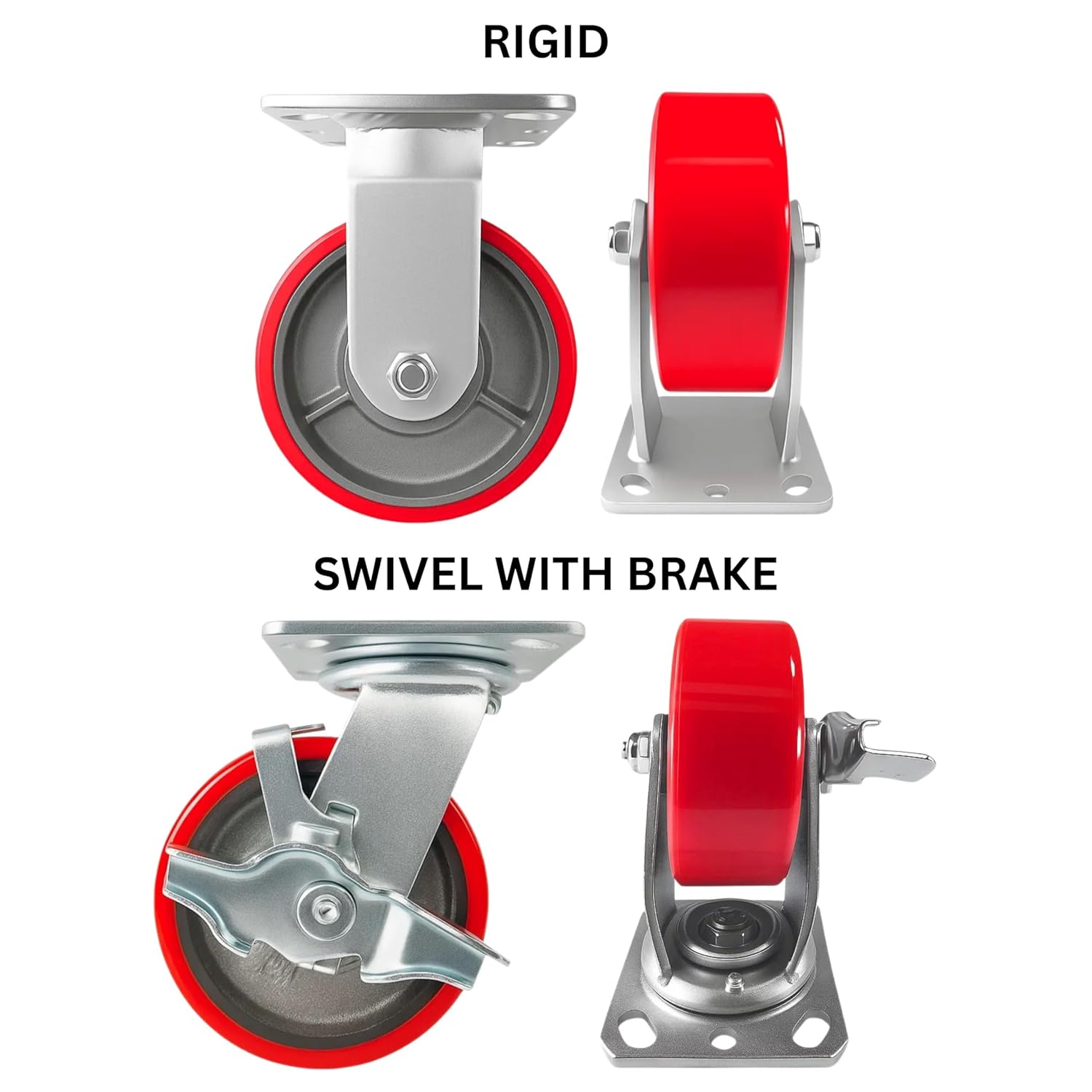 4 Heavy Duty Caster Set 4" Red Polyurethane on Cast Iron Wheels - 2 Rigid + 2 Swivel with Brake