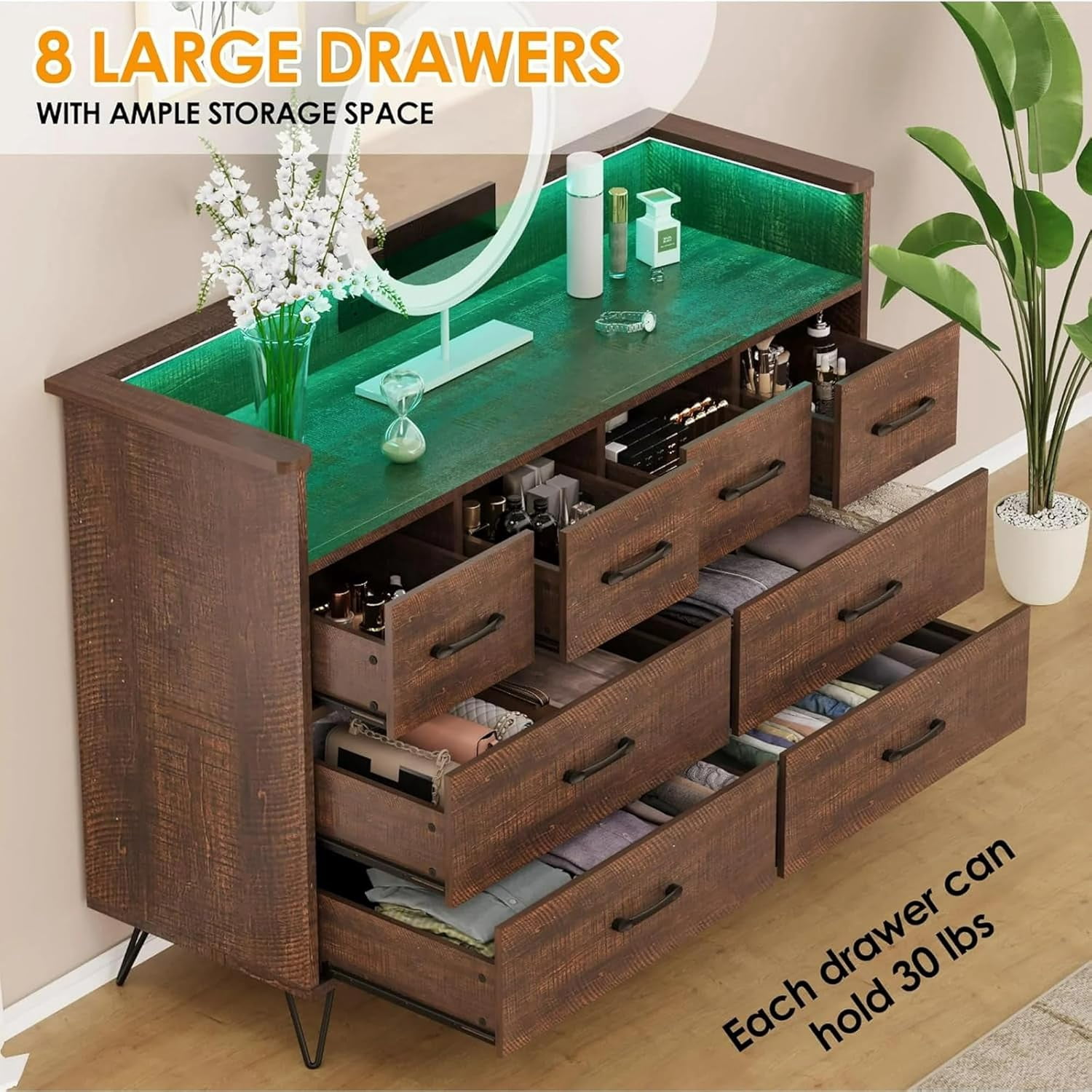 GAOMON 8 Drawer Dresser, Modern Dresser for Bedroom with Led Lights and Charging Station, Wooden Chest of Drawer with Open Space, Storage Organizer for Entryway, Living Room,Dark Brown