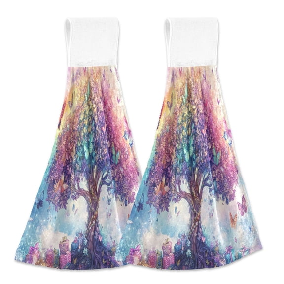 BZSMCE Hanging Hand Towels Fashion Colorful Tree with Butterflies Pattern 2-Pack - Velcro Style Bathroom Kitchen Towels