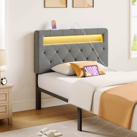 Greenstell Twin Size Headboard Only - Wall Mount Upholstered Head Board with LED Lights, Charging Station & Soft Padding,Dark Gray