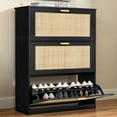 thumbnail image 4 of Finnhomy Extended Edition Shoe Cabinet with Natural Rattan Flip Drawers for Entryway, Free Standing 3 Tier Slim Shoe Organizer, Shoe Cabinet with 3-Gear Adjustable Width Drawers, Black, 4 of 15