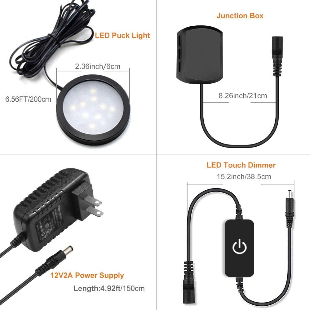JJEAN-LED Puck Lights, Under Cabinet Lighting Black Trim, 3000K Warm White, CRI90+, Touch Dimming, All Accessories Included, Under Counter Lighting for Kitchen, Closet Lights, Safe Light, 3-Pack