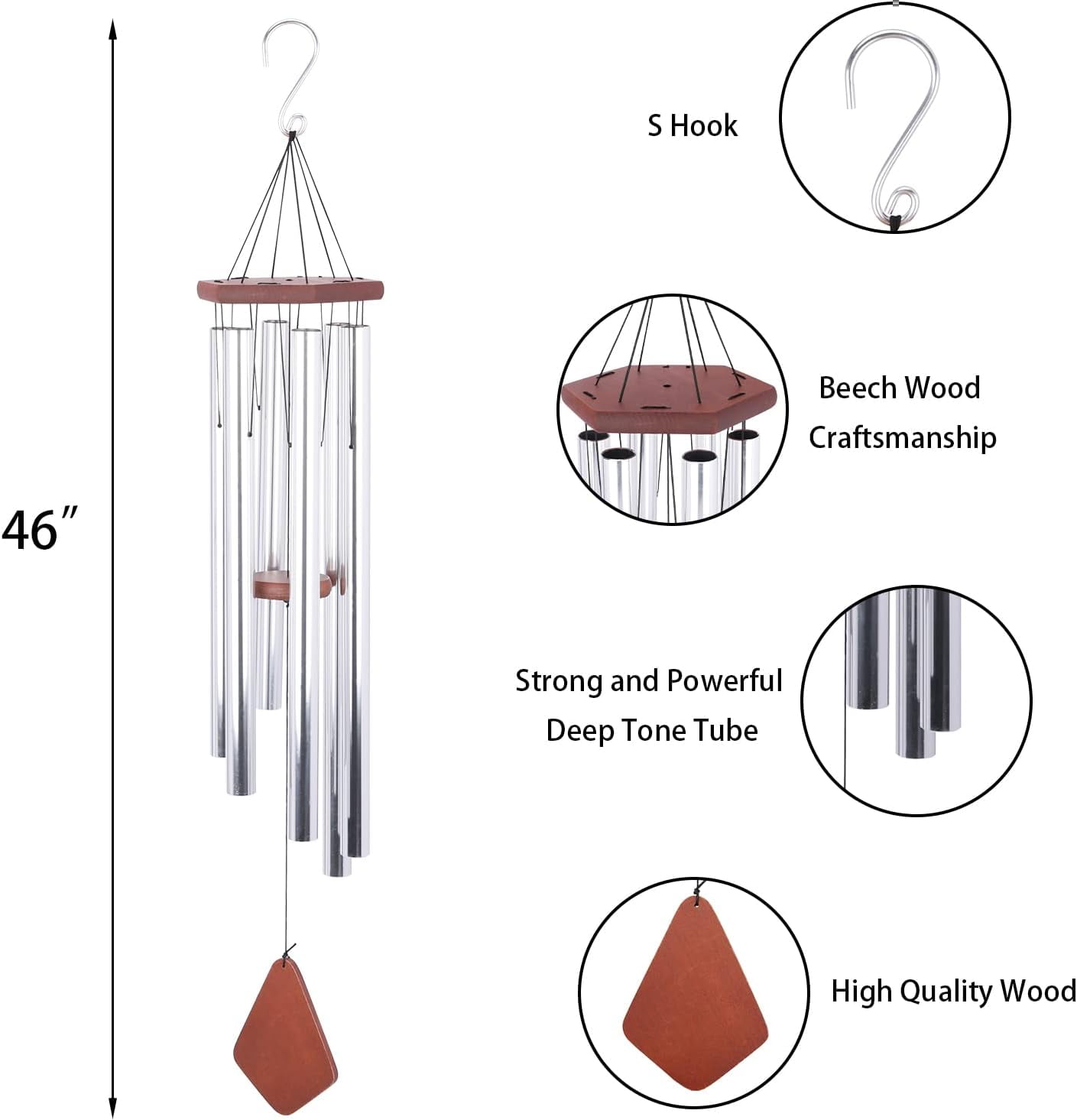 Large Outdoor Metal Wind Chime, Large Wind Chime, Deep Tones, Soothing, With Six Tubes, Suitable For Garden, Patio, Home, Perfect Gifts