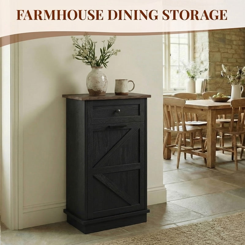 20''W Tilt Out Trash Can Storage Cabinet with A Drawer, Farmhouse Small Kitchen Island with 10-Gallon Trash Hidden Cabinet