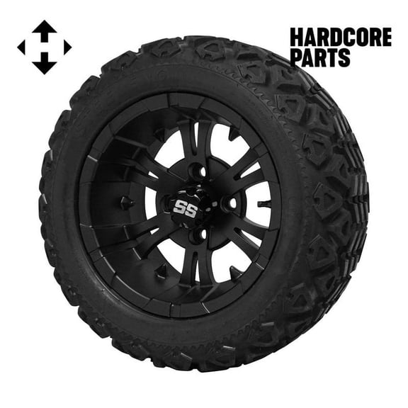 Hardcore Parts 12" Black 'VAMPIRE' Golf Cart Wheels and 20"x10"-12" DOT rated All-Terrain tires - Set of 4, includes Black 'SS' center caps and 1/2x20 Black lug nuts