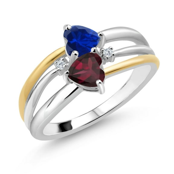 925 Silver and 10K Yellow Gold Blue Created Sapphire and Red Rhodolite Garnet and White Lab Grown Diamond Band Ring for Women (1.07 Cttw, Gemstone September Birthstone, Heart Shape 5MM, Size 7)