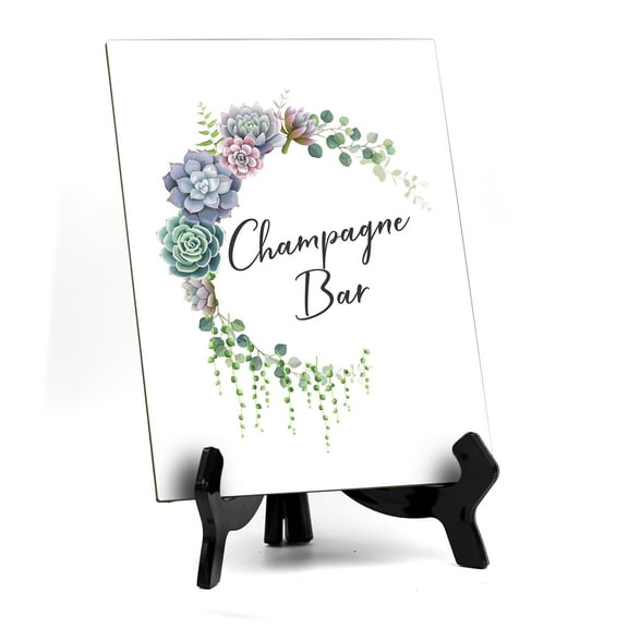 Signs ByLITA Champagne Bar Table Sign with Easel, Floral Crescent Design (6" x 8")