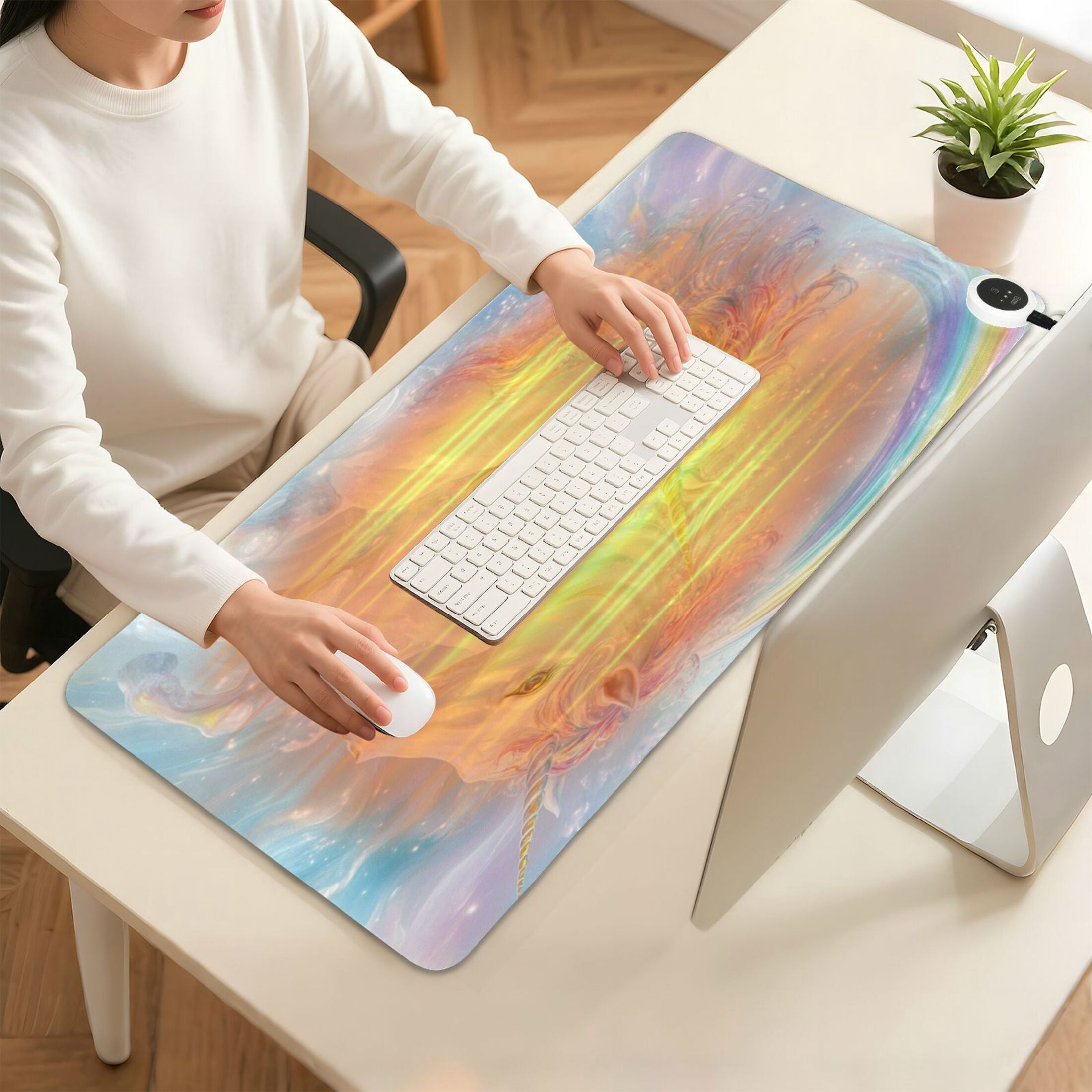 Wobogo Rainbow Unicorns Heated Mouse Pad Extra-Large Desk Mat With 3 Heating Levels and 3-hour Auto Shut-Off Protection Ideal for Computer Keyboards Home Office Hand-warming Essential 31.5in × 13in