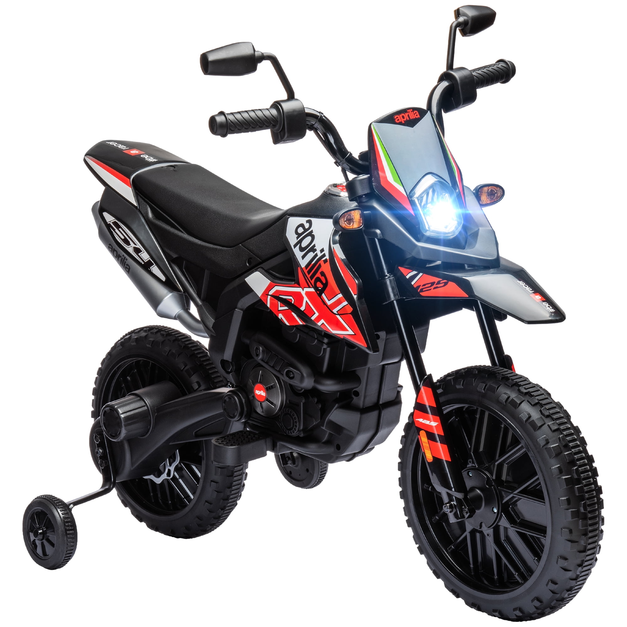 Qaba 12V Kids Motorcycle, Aprilia Licenced Electric Motorcycle for Kids with Training Wheels, Spring Suspension, LED Light, USB, Music, Red