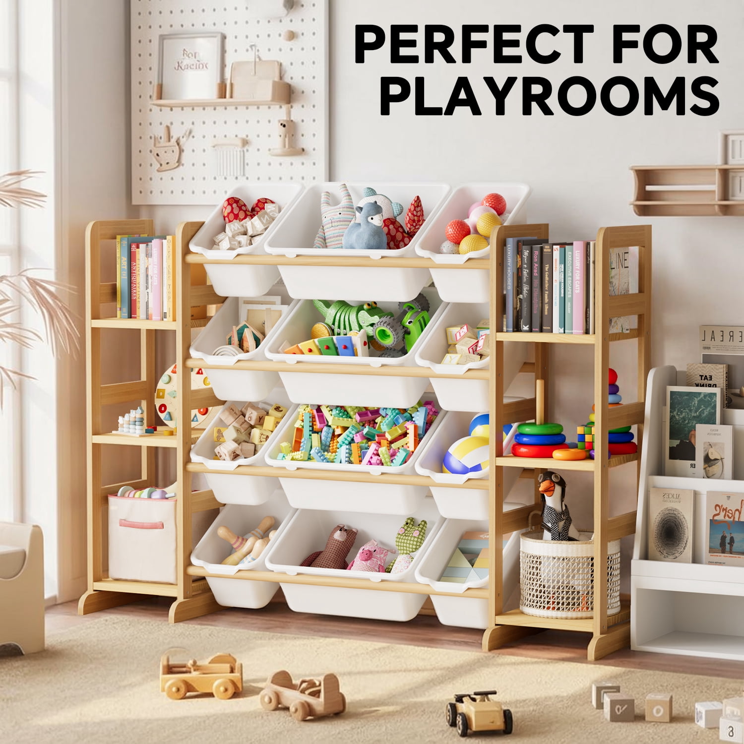 Tooloton Toy Storage Organizer with 6 Shelves and 12 Bins, Toy Organizers Storage Bookshelf, Kids Bin Shelf Toys Box Bookcase for Bedroom Playroom Organization Room Decor, White