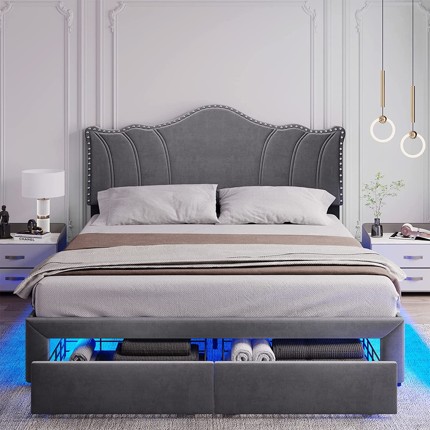 DICTAC Queen Size LED Bed Frame with 2 Storage Drawers Velvet