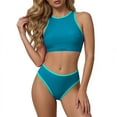 thumbnail image 2 of Mceream Womens Solid Color Onepiece Swimsuit Fashionable and Neck Color-Blocked Bikini Swimsuit Blue L, 2 of 9