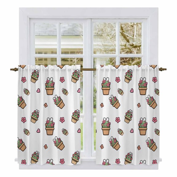 Easter Rabbits Ears Kitchen Curtain for Berdoom Living Room Cafe 45 Inch Length, Spring Cactus Potted Plant Flowers Tiers Curtains Light Filtering Drapes Window Treatment 2 Panels 52"Wx45"L