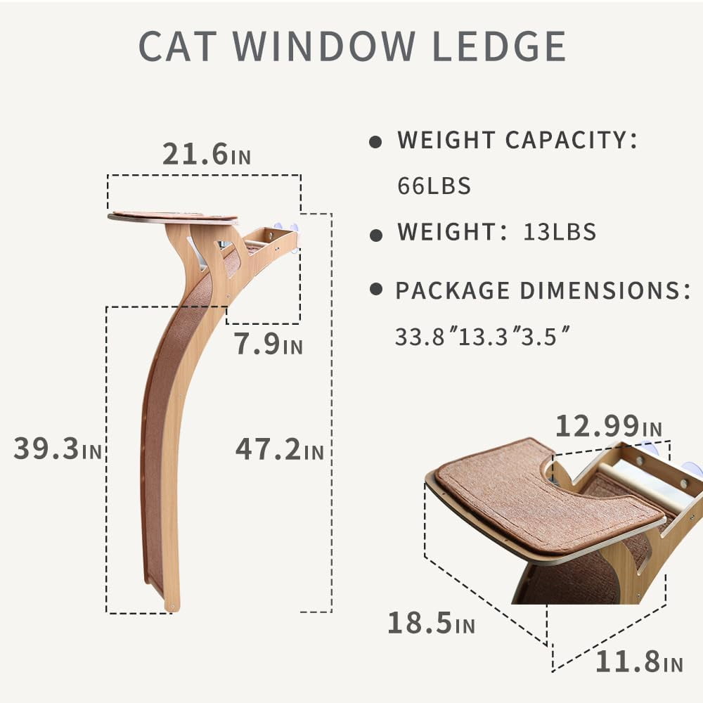 47in  Tree Tower with Window Perch and Suction Cups for Large Cats and Kittens - Sturdy Wood Scratching Post Indoor Furniture