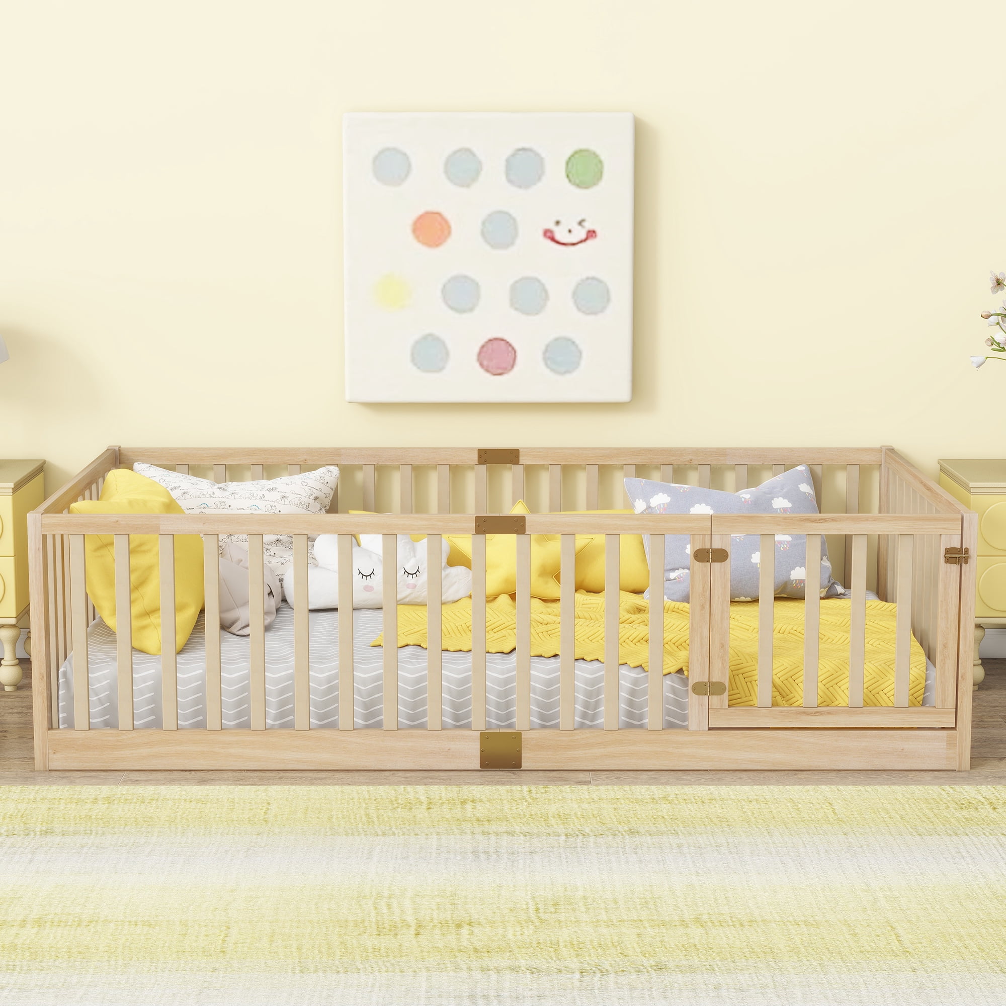 Miniyam Wooden Twin Size Floor Bed for Kids with Door, High Safety Fence, Oak