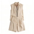 thumbnail image 4 of HongQid 2 Piece Linen Short Set Ladies Sleeveless Striped Trim Shirt and Pleated Shorts Casual Outfit for Women, 4 of 6