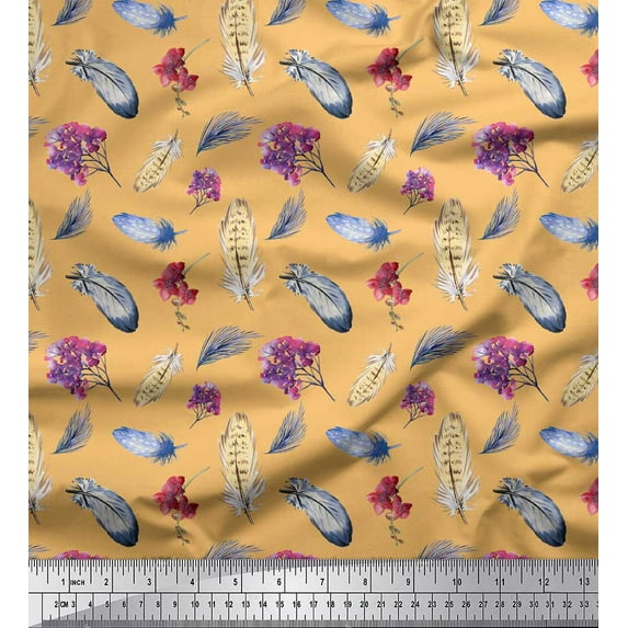 Soimoi Orange Poly Georgette Fabric Feather & Floral Print Fabric by the Yard 42 Inch Wide