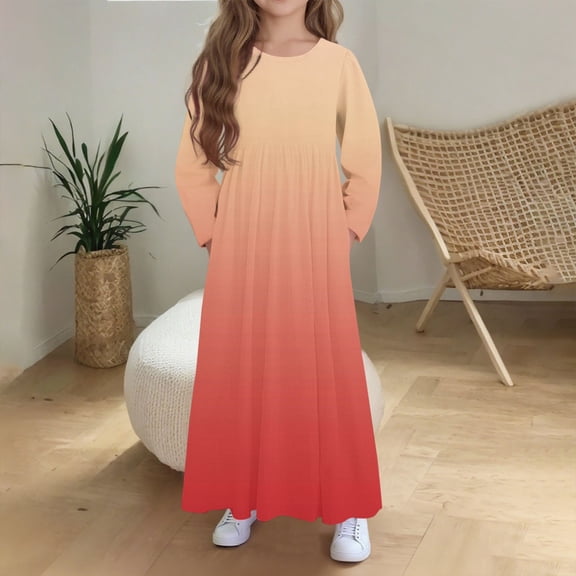 Teyfeniy Girls Gradient Color Dress Long Sleeve Crew Neck Maxi Dress with Pockets A Line Fall Winter Fashion Stylish Flowy Loose Casual Long Dress for Kids, for 4 to 14T
