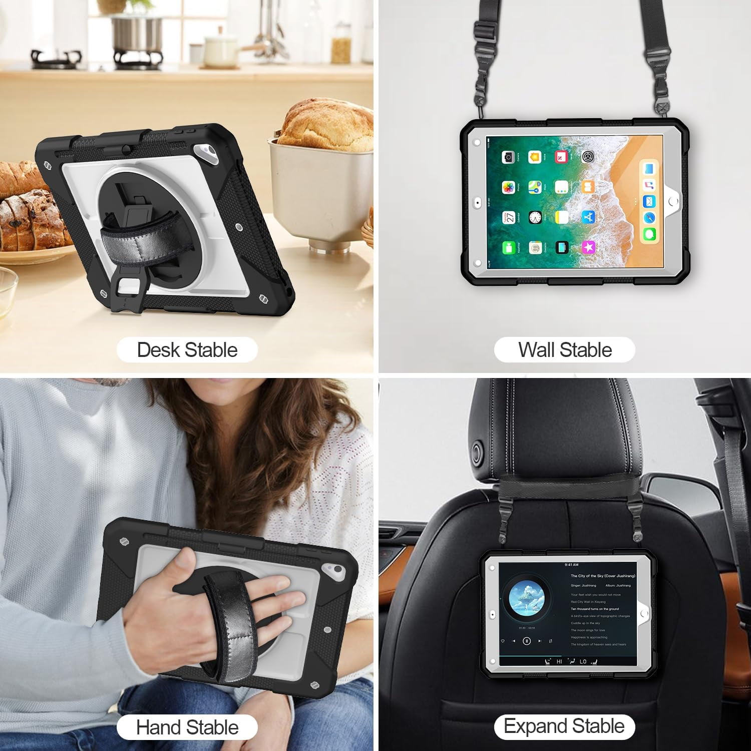 BMOUO iPad 6th / 5th Generation Case,iPad 9.7 2018/2017 Case,iPad Air 2 Case,3 Layer Shockproof [360 Swivel Stand][Hand Strap][Pencil Holder] Kids Case for iPad 9.7 Inch 2018/2017 - Black+Grey