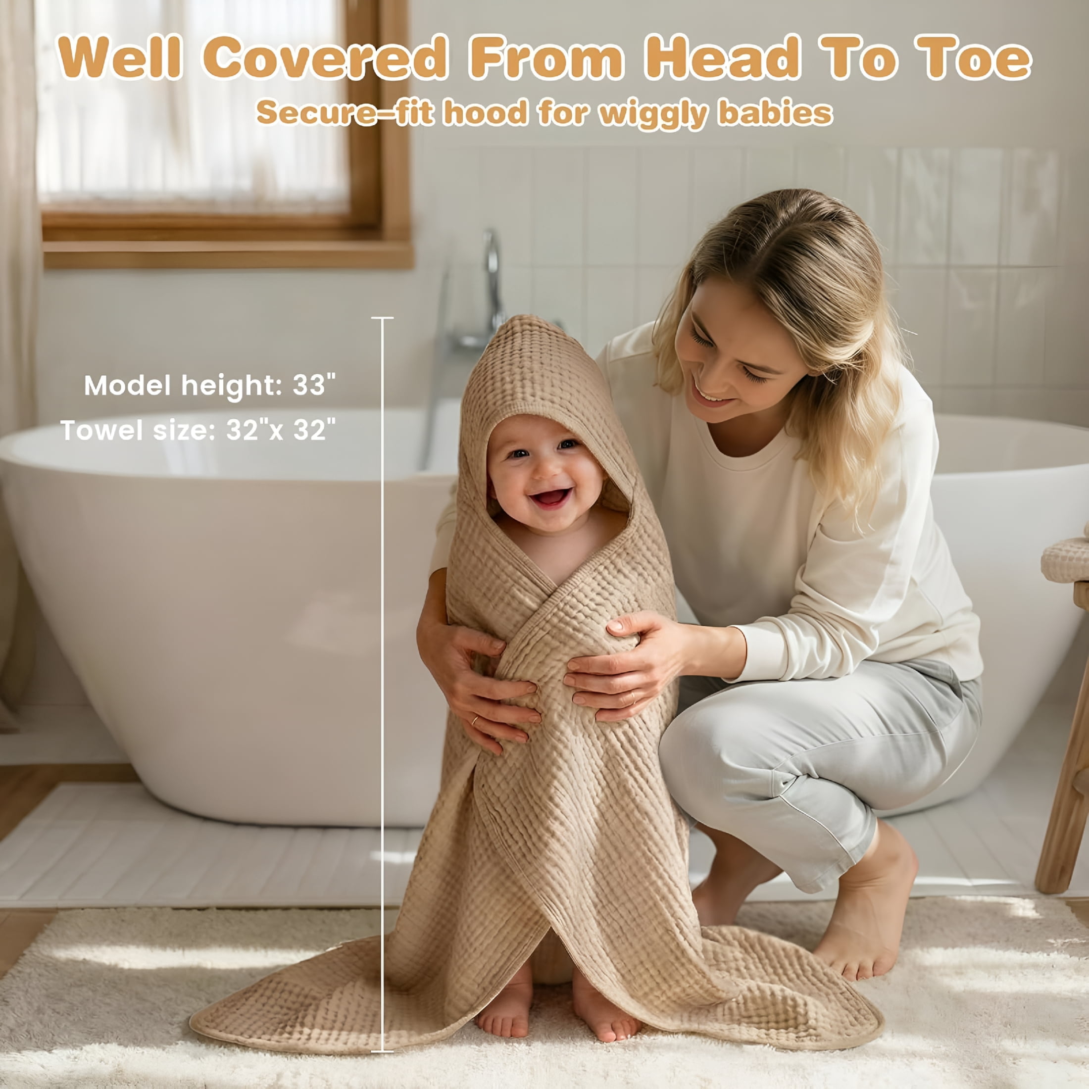 ARLAJO Hooded Baby Bath Towels for Newborn,2 Pack - 6-Layer 100% Muslin Cotton,Soft Absorbent Baby Towels with Hood for Babies,Infants & Toddlers,Large 32X32 Inch Unisex Newborn Baby Bath Essentials