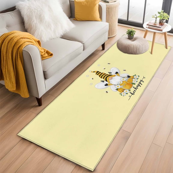 Yellow Gnomes 2'x6' Runner Rugs for Hallway Kitchen Bedside Non Slip Washable, Spring Bees Daisy Honey White Floral Entryway Rug Runners with Rubber Backing, Long Carpet Runner for Laundry Room