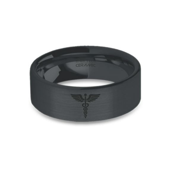 Medic Snake Winged Staff Black on Black Engraved Ceramic Ring, 8mm, Size 15